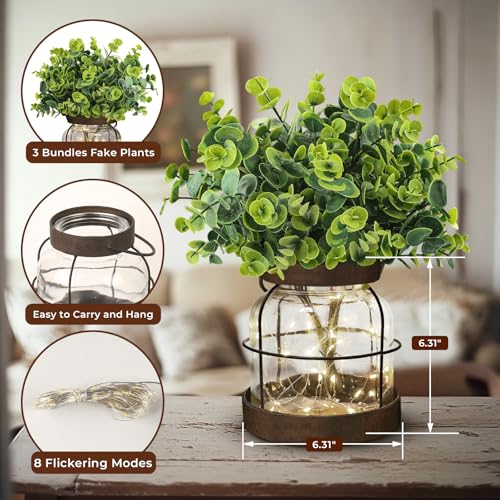 Farmhouse Rustic Glass Vases Primitive Country Lantern Coffee Dining Table Centerpiece Green Fake Artificial Eucalyptus Plants with Light Home Decor for Shelf Desk Counter Kitchen Bathroom - style: Rustic Decor