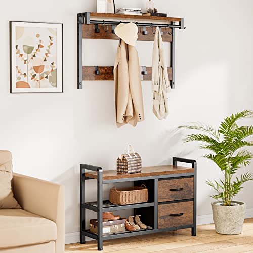 Lulive Hall Tree with Bench and Shoe Storage, 31.5” Coat Rack Freestanding | Rustic Brown, 5 in 1 Intelligent Design, 17 Hooks, 2 Drawers, Handy Clothes Rail - color: Rustic Brown, size: 11.8"D x 31.5"W x 70.9"H
