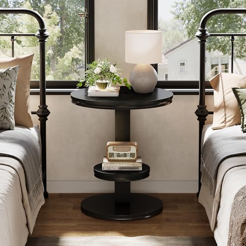Tribesigns Round End Table Set of 2, 2 Tiers Side Table with Storage Shelf, Sofa Side Bedside Nightstand with Metal Arc-Shaped Frame for Small Spaces, Living Room, Bedroom, Black (2PCS) - color: Black