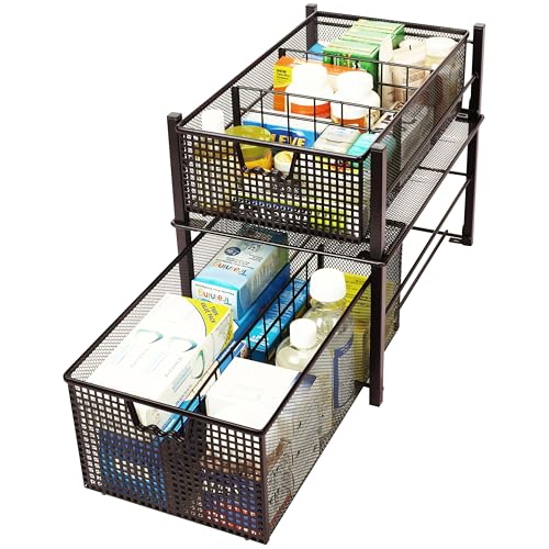 Deco Brothers Stackable Pull Out Cabinet Sliding Basket with Divider, Large | Under Sink Organizer, Bronze - color: Bronze