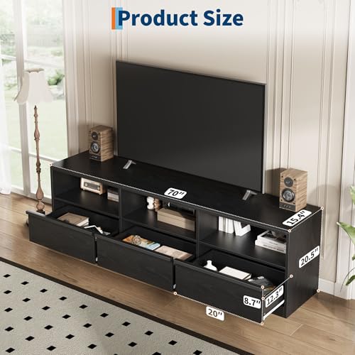 Modern TV Stand with Storage for TVs Up to 85", 70 inch Media Console with Drawer & Open Shelves, Mid Century Entertainment Center for Living Room, Black - color: Black
