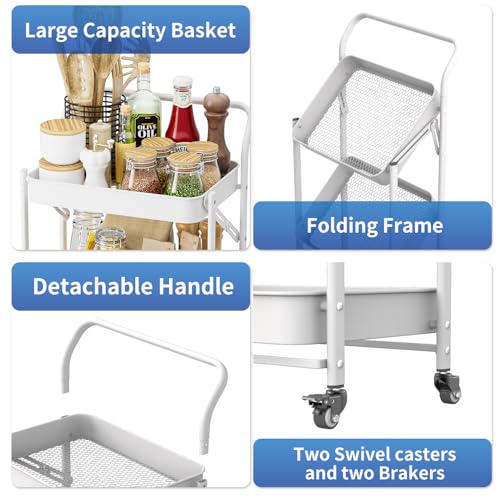 JAQ Foldable Rolling Cart, 3-Tier No Assembly Metal Utility Cart with Handle, Heavy Duty Folding Storage Trolley Organizer on Wheels for Kitchen, Office, Craft Art, Baby Diaper, Snacks, Books, White - color: White /3-tier