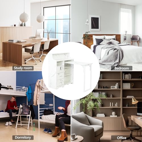 Fold Out Desk with Storage, Hidden Desk with Lockable Drawers & Shelves, Built-in Power Outlet,Folding Desk for Study and Home Office (Marble-Effect White) - color: Marble-effect White