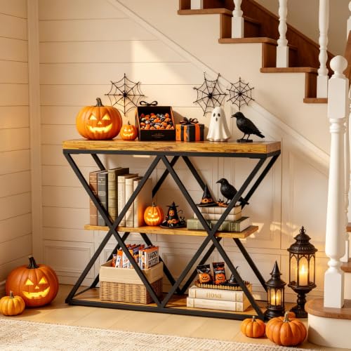 Garvee 3 Tier Console Table,39" Industrial Entryway Table,Open Wood Shelves | Sofa Table,Narrow Wood Accent Tables with Metal Frame for Hallway,Living Room,Behind Couch,Foyer,Entrance,Rustic Brown - color: Rustic Brown + X-shaped