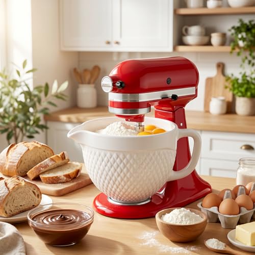 COFUN Ceramic Mixer Bowl for KitchenAid 4.5-5 Qt Tilt-Head Stand Mixers | Mixing Bowl with Handle & Pour Spout, Oven/Microwave/Dishwasher Safe - color: Whier-Ceramic