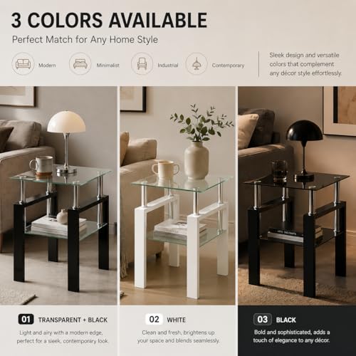 Meihua Glass End Table, Square Glass Side Table, 2-Tier Modern Nightstand with Metal Legs for Living Room&Bedroom (Transparent, 1pc) - color: Transparent, size: 1pc