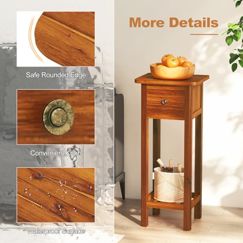 Tangkula 2-Tier Narrow Side Table with Drawer, Acacia Wood Tall End Table for Small Spaces, Farmhouse Slim Bedside Table with Open Shelf, Nightstand for Living Room, Bedroom, No Assembly (2, Natural) - color: Natural