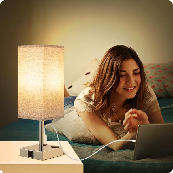 Light Grey Touch Lamps Set for Bedroom - Dimmable, USB C+A, 2 AC Outlets | 3-Way Dimming, 3000K LED Bulbs Included, Light Grey Lampshade Silver Base, Small Bedside Lamp for Nightstand, Desk, Dorm - color: Gray-Silver