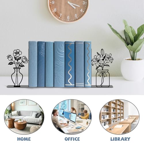 Metal Bookends Flower Vase Book Ends for Shelves | Flower Bookends Decorative Unique Desk Bookend Black Book Stopper for Home Reading Bookshelf Decor Book Lovers Gift - style: Flower Vase