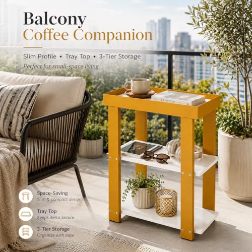 Modern 3-Tier Gold Side Table, Narrow End Table with White Tray Top Shelves, Slim Nightstand Bedside Table for Small Spaces, Living Room, Bedroom, Bathroom Storage Organizer Stand (White+Gold) - color: White + Gold