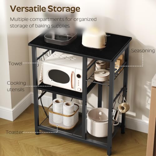 YATINEY Movable Bakers Rack, Microwave Stand with Charging Station, Kitchen Storage Rack with Hooks and Basket, Casters and Adjustable Feet, for Small Space, Kitchen, Dining Room, Black HB04UBB - color: Black