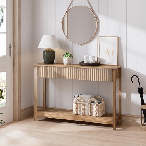 Treocho 47" Fluted Console Table with 3 Drawers and Storage Shelf | Narrow Long Entryway Table,Behind Couch Accent Tables, Entrance Foyer, Hallway, Living Room, Brown - color: Brown