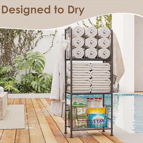 3-Tier Freestanding Cabinet Towel Rack Metal Stand, Black | M-shaped detachable dividers, three-tier versatile storage, premium anti-rust four hooks, 70 lbs heavy duty load capacity - color: Black