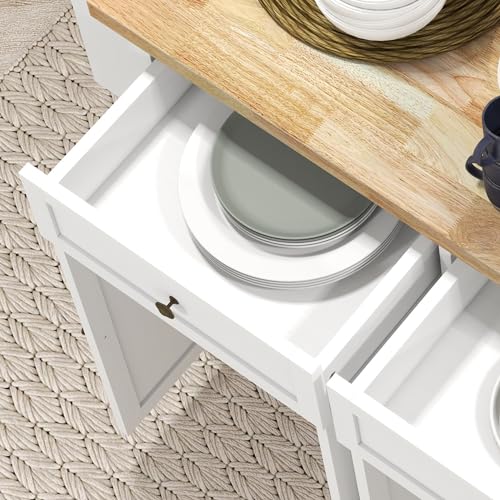 HOMCOM Kitchen Island Cart with Solid Wood Top, 44" Mobile Kitchen Island Table on Wheels with Storage Cabinets, 2 Drawers, Adjustable Shelves, Spice Rack & Towel Bar for Dining Room, Distressed White - color: Distressed White