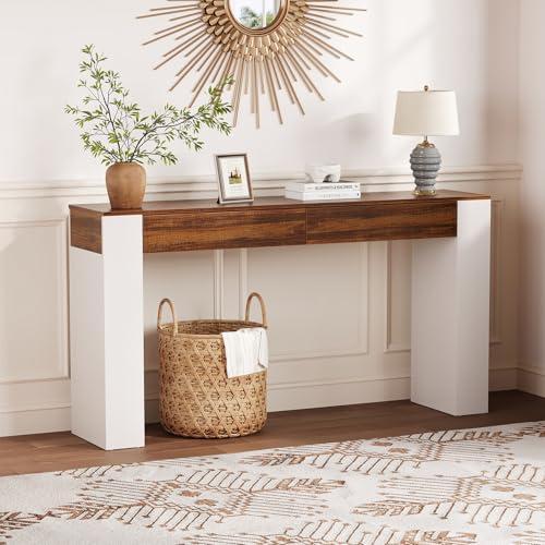 63-Inch Rustic Slim Console Table with Storage, Narrow Entryway Sofa Table with 2 Drawers, Modern Hallway Accent Table Behind Couch for Living Room, Brown Top and White Legs