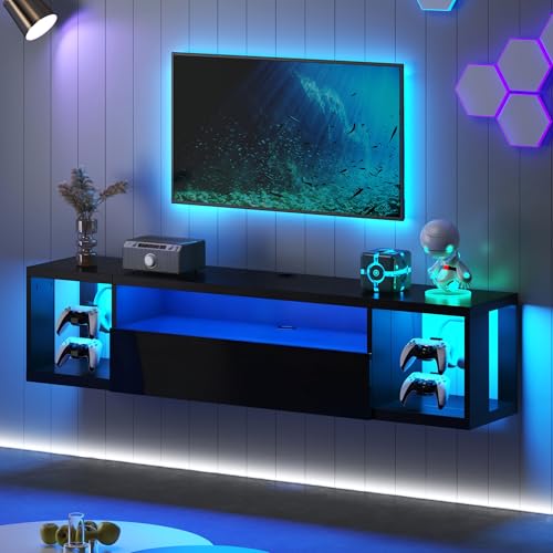 sogesfurniture 55'' Floating TV Stand Wall Mounted with Lights, Floating Entertainment Center with Lights, Modern Media Console with Storage, Wall Mounted LED TV Stand for Living Room, Black - size: 55"-Black