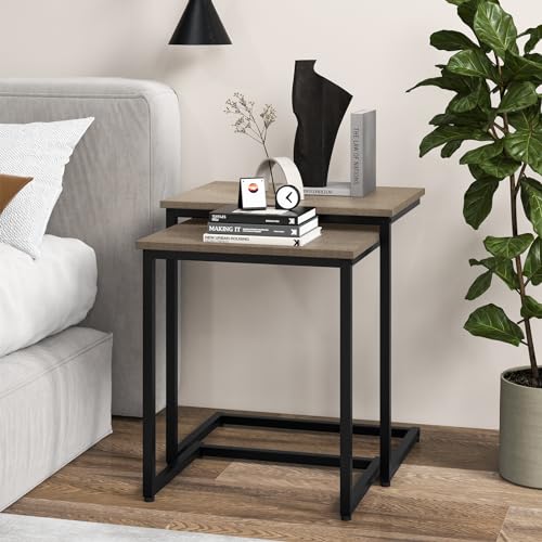 Giantex Nesting Coffee Table Set of 3, Stackable Square End Table w/Wood Grain Tabletop & Heavy-Duty Metal Frame, Farmhouse C-Shaped Accent Table for Small Space, Living Room, Bedroom (Black Oak) - color: Black Oak