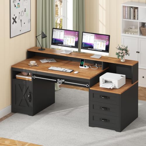 65" Farmhouse Computer Desk with Drawers and Printer Stand for Home Office | Office Desk with Power Outlets and Storage Cabinet, Study Writing Desks with Long Monitor Stand, Brown and Black - color: Brown and Black