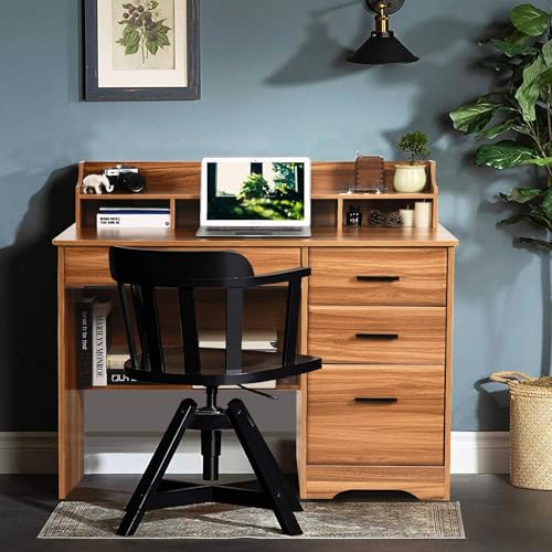 Computer Desk with 4 Drawers and Hutch, Home Office Desk with File Drawer, 44” Rustic Oak Wood Desk, Study Table for Bedroom, Rustic Oak - color: Rustic Oak