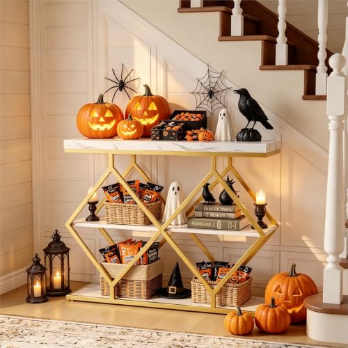 Garvee 3 Tier Console Table,39" Industrial Entryway Table,Open Wood Shelves | Sofa Table,Narrow Wood Accent Tables with Metal Frame for Hallway,Living Room,Behind Couch,Foyer,Entrance,White - color: White + Diamond-shaped