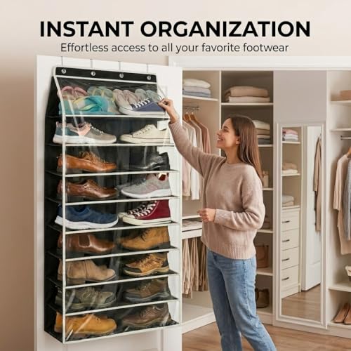 SUREMAX Super Capacity Over The Door Shoe Organizer, 11-Tier Hanging Shoe Rack for Closet Door Fits 33 Pairs, Clear PVC Behind The Door Storage Organizer with Heavy Duty Hooks & Loop Fastener, Black