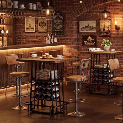 Tribesigns Bar Table, Industrial Counter Height Pub Table, Black and Brown | with Glass Holder and Wine Storage,3-Tier Cocktail Table, Home Bar Unit with Metal Footrest for Kitchen, Bistro, Dining Room