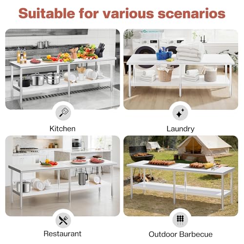 Jocisland 30" x 108" Stainless Steel Table for Prep & Work, Food-Grade Stainless Steel Adjustable Under Shelf and Feet, for Commercial Kitchen, Restaurant, Hotel, Garage - size: 30x108 in, style: Rounded Table Corner