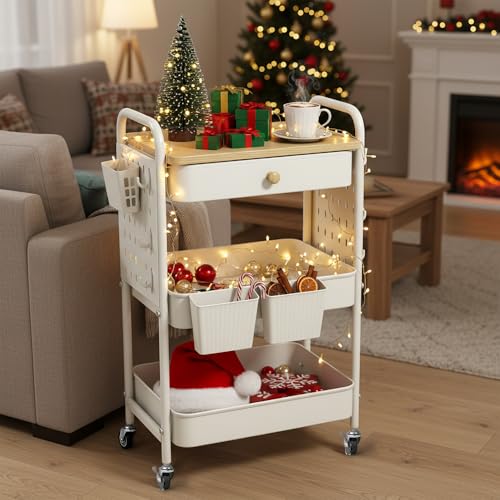 danpinera Rolling Utility Cart with Drawer, 3 Tier Rolling Cart with Wheels, Hooks & Hanging Cups, Craft Cart Art Cart Snack Cart Rolling Storage Cart with Wooden Table Top & DIY Pegboards, White