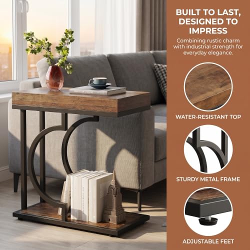 Tribesigns C Shaped Modern End Table for Coach with Metal Frame | Wood Grain, Small Side Table for Living Room, Nightstand for Bedroom, Rustic Brown&Black - color: Rustic Brown&black