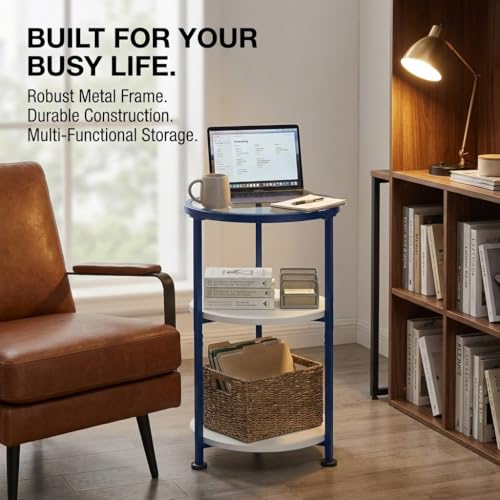 Modern 3-Tier Round Side Table with Glass Top, Small End Table for Small Spaces, 22" High Bedside Table with White Shelves and Navy Blue Frame, Stylish Metal Nightstand for Living Room Bedroom - color: White + Navy Blue