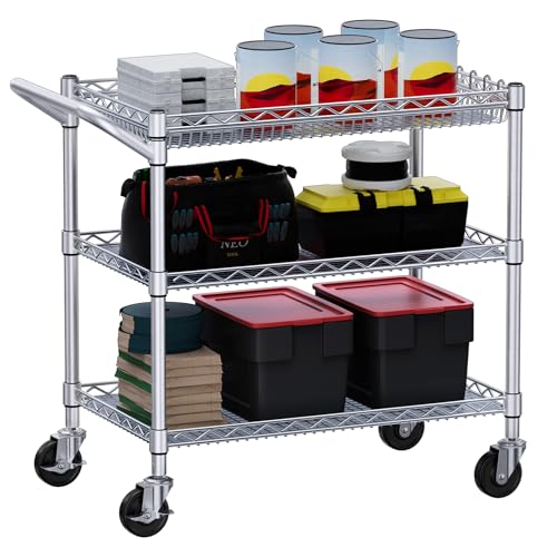 WDT 990Lbs Capacity Heavy Duty Rolling Utility Cart, NSF Rolling Carts with Wheels,Commercial Grade Metal Cart with Handle Bar & Shelf Liner,Trolley Serving Cart for Kitchen,Restaurant,Silver - color: Silver 3 Tier