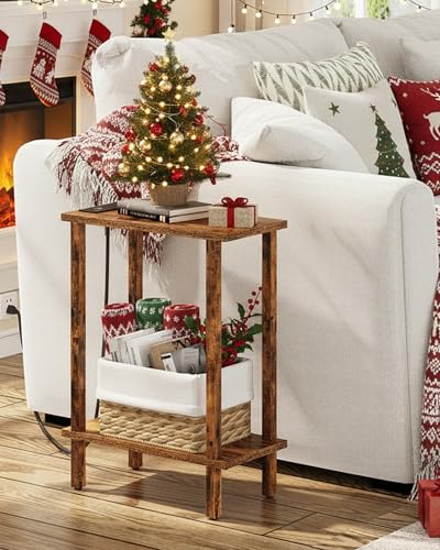 TUTOTAK Small End Table with Charging Station, Narrow Side Table with USB Ports and Outlets, Skinny Sofa Table, Slim Nightstand, Living Room, Bed Room, Pure Brown TB01BB060C - color: Pure Brown, size: 2-tier