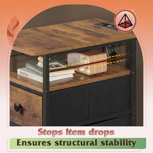 WLIVE Narrow Side Table with Charging Station, End Table with LED Lights,3 Fabric Drawers and Open Storage Shelf, Bed Side Tables Living Room, Small Spaces, Bedroom, Rustic Brown - color: Rustic Brown, size: 3 Drawers