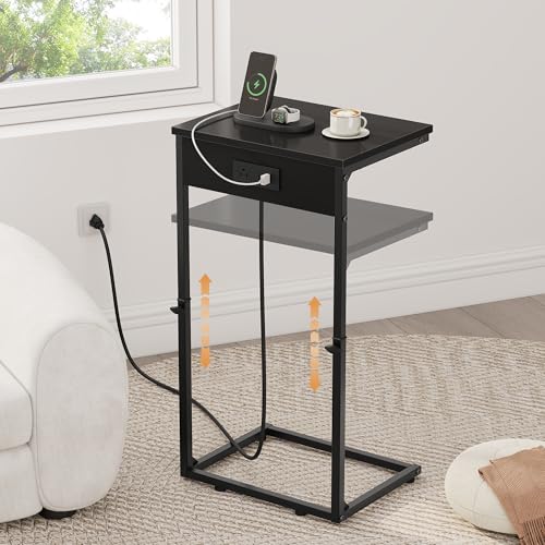 Vagusicc C Shaped End Tables Set of 2 with Charging Station, 33.2'' Tall C Table Adjustable Height Side Table, Small Side Table for Small Spaces, Couch Sofa Table TV Tray for Living Room, Black - color: Black (2 Pack), style: With Plug