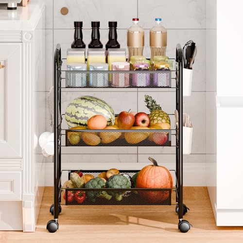 Fruit Vegetable Basket Storage Cart 5 Tier Stackable Metal Mesh Basket with 360 Degree Wheels 41 Inch High Kitchen Storage Snack Cart Pantry Bathroom Cart (Black 3-Layers) - color: Black 3-layers