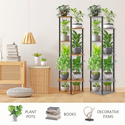 Tall Plant Stand Indoor, 7-Tier Modern Plant Shelf for Multiple Plants, Wood Metal Flower Holder for Living Room Balcony Bedroom, Oak Grey
