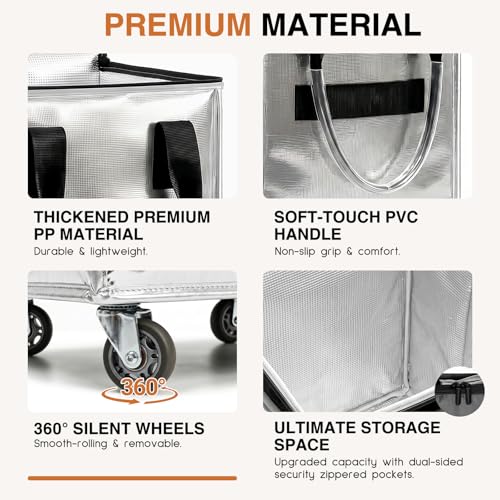 Large Reusable Grocery Bag on Wheels, Foldable Rolling Tote Bag with Handle and Zipper for Market Laundry Travel - color: Silver
