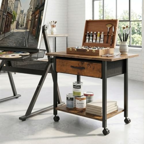 22" x 15" Under Desk Rolling Printer Stand, 2-Tier Industrial Mobile Printer Table with Strong Fabric Drawer,Storage Shelf, Steel Frame and Lockable Wheels, Printer Cart for Home Office (Rustic Brown) - color: Rustic Brown