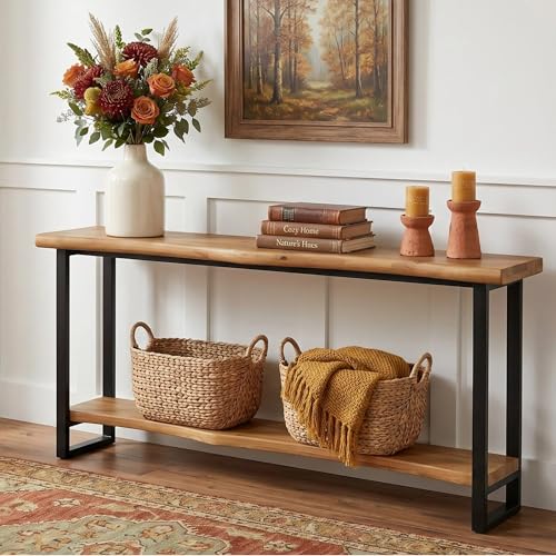 Solid Wood Live-Edge Console Table for Entryway, Farmhouse 63-Inch Narrow Long Sofa Table Behind Couch with Unique Shape, Heavy-Duty Metal Legs, Ideal for Foyer, Entrance, Living Room