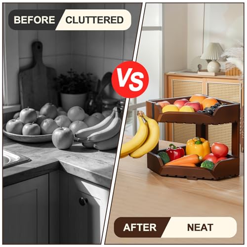 Wissy&Konny 2 Tier Corner Fruit Basket for Kitchen Counter, Acacia Wood Fruit Stand with Banana Hook, Space Saving Storage Rack for Fruits Vegetables Snacks