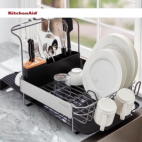 KitchenAid Full Size, Rust Resistant Expandable Dish Rack with Angled Self Draining Drainboard, 24-Inch, Black - color: Black, size: Expandable