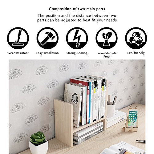 Jerry & Maggie Desktop Organizer Office Storage Rack Adjustable Wood Display Shelf Free Style Double H, Multi-Functional Mini Bookshelf for Desk Natural Stand (White Wood Tone) - color: White Wood Tone