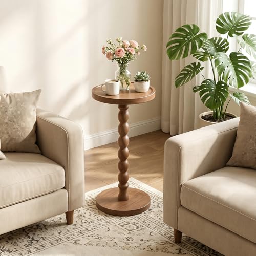 Round Side Table, Small End Table for Small Spaces with Solid Wood Leg, Accent Nightstand, Coffee Table for Living Room, Bedroom, Conference Room, Hallway, Home Office, Light Walnut - color: Light Walnut