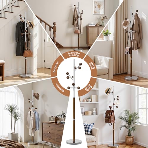 Coat Rack Freestanding Metal Coat Tree with 9 Rubber Wood Hooks | Heavy Duty Standing Coat Rack, Stainless Steel Marble Base, Coat Hanger Stand for Bedroom Entryway Hallway, Hat, Bags - color: B