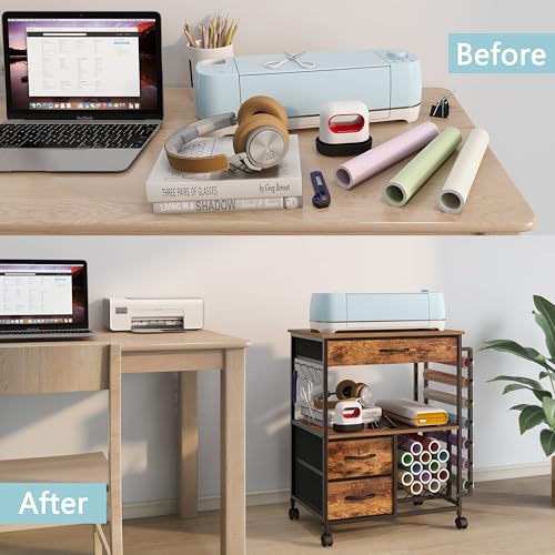 VENNQD Storage Cart Compatible with Cricut Machines Stand Cutting Machine Stand with Drawers and Vinyl Roll Holder Rolling Craft Cabinet Table for Cricut Craft Workstation (Rustic Brown) - color: Rustic Brown