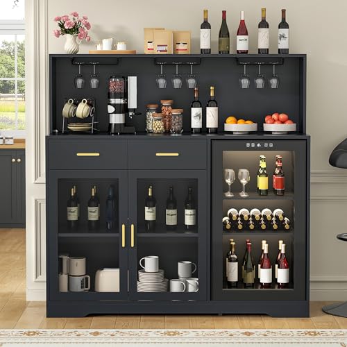 Gyfimoie 53" Wine Bar Cabinet with Fridge Space & Outlets, Large Coffee Bar Table with Storage Drawer,Liquor Cabinet with Wine Rack for Home, Living Room, Dining Room, Kitchen (Black)
