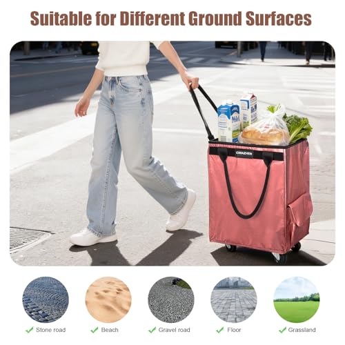 Reusable Grocery Bag Tote Bag with Wheels, Foldable Rolling Tote Bag with 3 Handles and Zipper - color: Pink, size: Medium