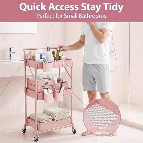 Amatic 3-Tier Folding Rolling Utility Cart with Wheels, Foldable Storage Cart Organizer with 3 Hanging Cups & 6 Hooks for Kitchen, Office, Living Room, Nursery(Pink) - color: Pink
