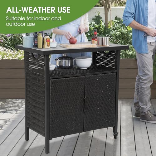 HOMEFUN Outdoor Bar Table Featuring Storage Cabinet: Wheeled Patio Serving Carts, Wicker Grill Cart Prep Station & Rolling Kitchen Island for Patio, Backyard and Outside Use, in Black - color: 03-black