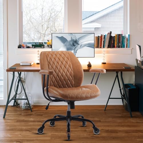 YFO Home Office Desk Chair Office Rubber Casters Ergonomic Computer Chair with Lumbar Support Adjustable Height Rolling Swivel Executive Task Armrests Chair, Brown Leather - color: Brown, size: Mid Back